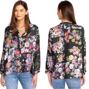 Johnny Was Audrey Oversized Silk Button Down Shirt Floral Patchwork Black XXL